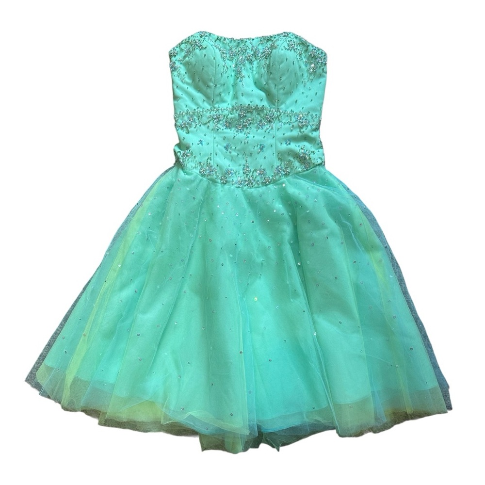 Mari Lee by Madeline Gardner Aqua Sequin Tulle Strapless Prom Dress Size 1/2